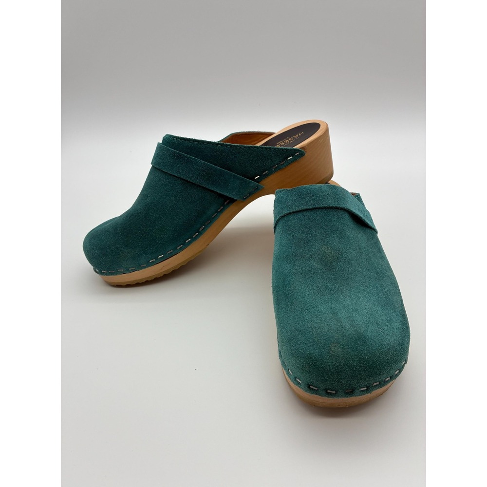 Swedish Hasbeens Teal Suede Clogs, Size 37 (US 6.5-7), Wood Sole Slip-On Mules - Picture 3 of 11